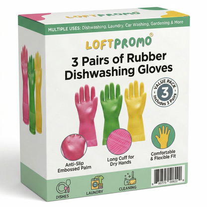 Loftpromo® 3 Pairs of Rubber Dishwashing Gloves