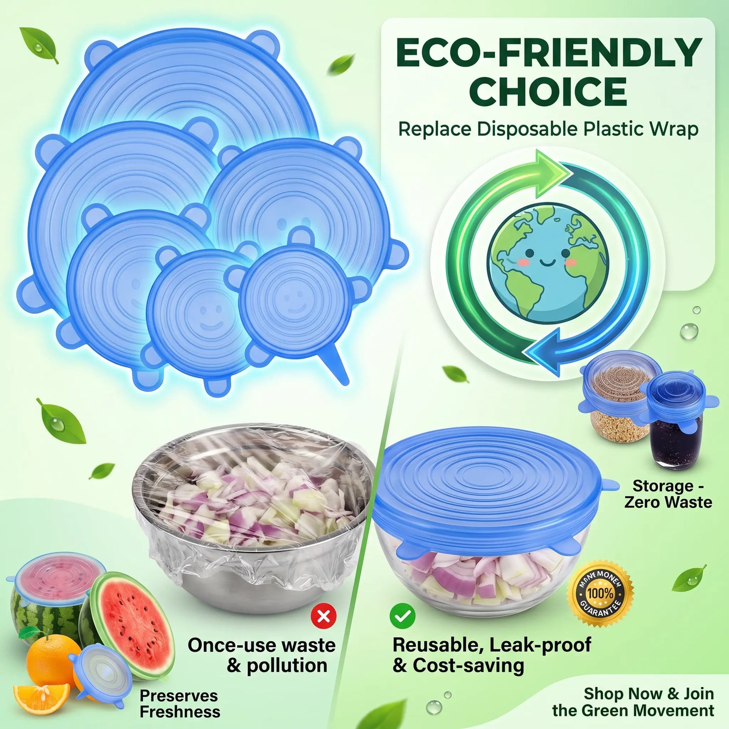 up Stop Wasting Plastic Wrap Every Day - Stretch, seal, and reuse. These silicone stretch lids help cover leftovers, half-cut fruit, bowls, cups, and jars in seconds — without fighting with messy disposable wrap.