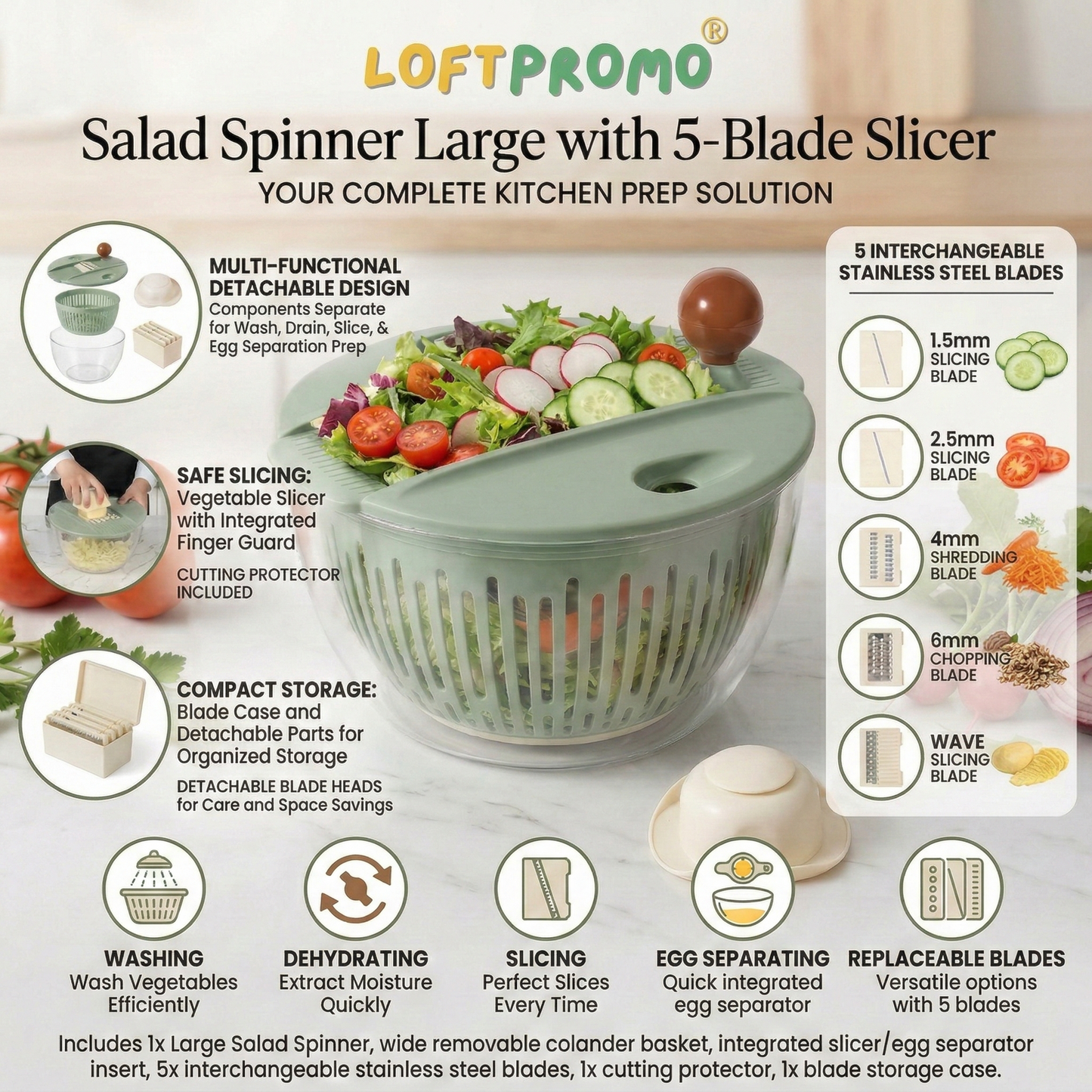 Loftpromo® Salad Spinner Large with 5-Blade Slicer